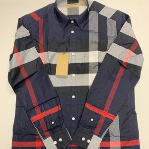 Burberry men's navy windsor long sleeve button down shirt nova check